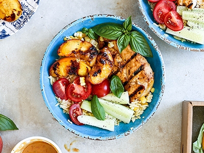 Grilled Peach and Honey Lime Chicken Bowls